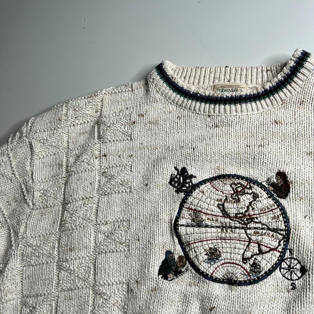 90s Vintage St Johns Bay Knit Sweater World Map Embroidery Cream XL USA - Picture 4 of 9